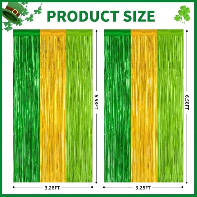 2 Pack St Patrick Party Decorations, Green Party Backdrop Green Gold Light Green Backdrop Curtains, Metallic St.Patrick Fringe Curtains Party Streamer Tinsel Backdrop, St Patrick Party Supplies