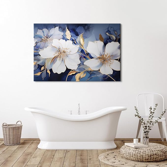 Abstract Floral Wall Art Marble Ink Painting Navy Blue and Gold Wall Decor Large Living Room Wall Art 32x48", Watercolor Blossom Floral Painting Poster Modern Frames Artwork Home Bedroom Decorations