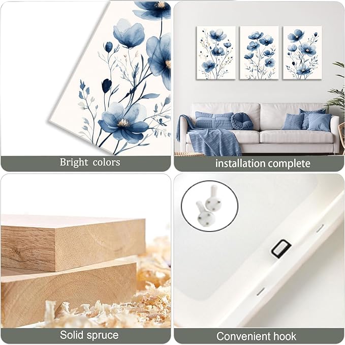 okudolit Navy Blue Wildflower Framed Canvas Wall Art Set Of 3 Flowers Pictures Prints Flowers Printing Floral Watercolors Flower wall Decor Living Room Bedroom Dinning Room Farmhouse Office-12x16in