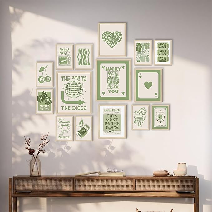 Aroutde Green Lucky Poster - Trendy Sage Green Wall Art - Guest Check Print - Lucky You - Room Decor - Y2K Canvas Wall Art - Set of 15 (Unframed)
