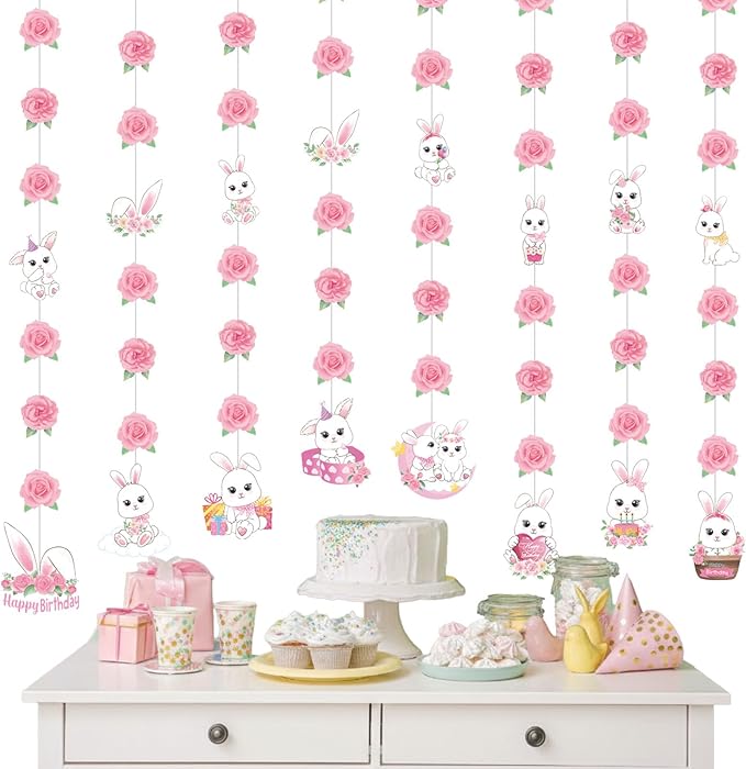 8 Pcs Easter Bunny Birthday Party Decorations Bunny Birthday Hanging Garlands Banner Pink Rose White Rabbit Paper Cutouts Streamer for Girls Wall Ceiling Decor Rabbit Party Supplies