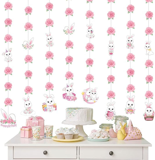 8 Pcs Easter Bunny Birthday Party Decorations Bunny Birthday Hanging Garlands Banner Pink Rose White Rabbit Paper Cutouts Streamer for Girls Wall Ceiling Decor Rabbit Party Supplies