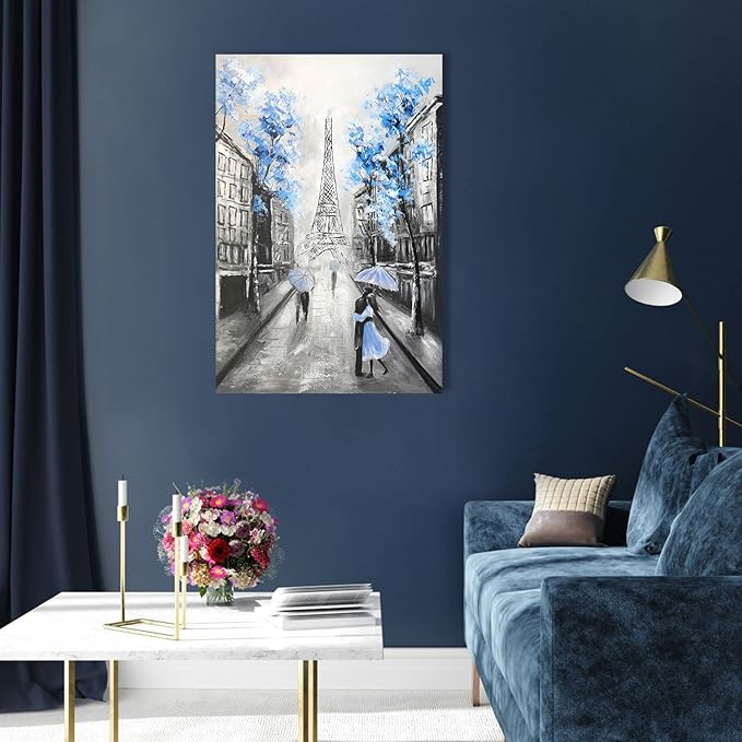 YPY Abstract Paris Canvas Wall Art: Black White Eiffel Tower Picture for Living Room Decor, Blue Grey Hand Painted Textured Oil Painting Large Modern Artwork Home Decoration 24 x 35