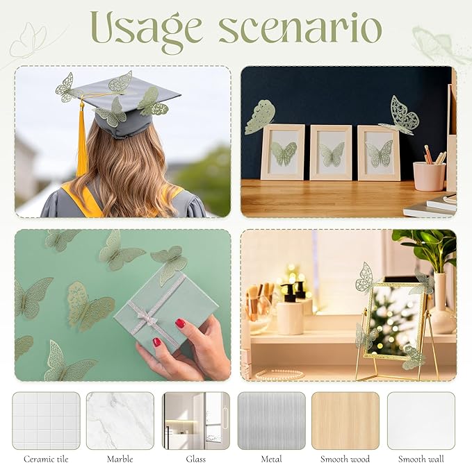 Bememo 72 Pieces 3D Butterfly Wall Decals Sticker Decal Wall Decor Art Decorative Sticker 3 Sizes for Room Offices Bedroom Bathroom Living Room Decor(Sage Green)