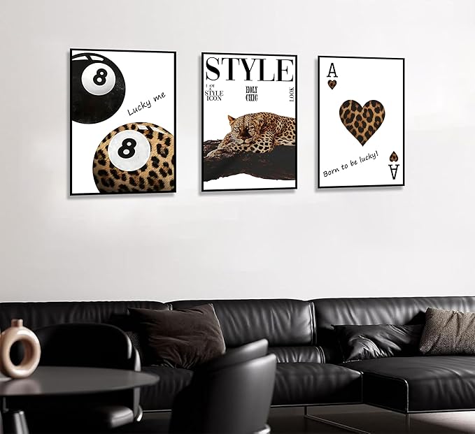 3Pcs Fashion Leopard Print Canvas Wall Art Cheetah Paintings Wall Decor Stylish Lucky 8 Ball Posters Prints College Style Room Aesthetic Pictures for Girls Bedroom Apartment Dorm Decoration Unframed
