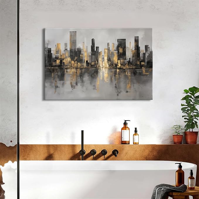NYC Skyline Wall Art Abstract Cityscape Wall Pictures Black and Gold Landscape Canvas Prints Paintings Modern New York Aesthetic Framed Artwork for Bedroom Living Room Bathroom Home Decorations 24x36