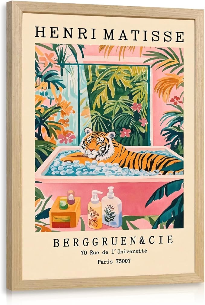 IAFWZX Wood Framed Funny Bathroom Wall Art, Humorous Tiger In Bathtub Wall Decor, Henri Matisse Whimsical Animal Canvas Painting, Colorful Tropical Botanical Artwork for Living Room Bedroom 12"x16"