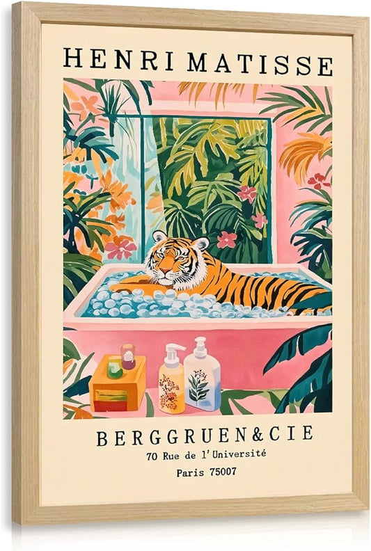 IAFWZX Wood Framed Funny Bathroom Wall Art, Humorous Tiger In Bathtub Wall Decor, Henri Matisse Whimsical Animal Canvas Painting, Colorful Tropical Botanical Artwork for Living Room Bedroom 16"x24"