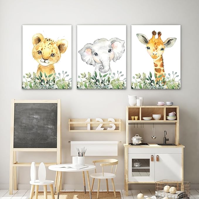 Baby Safari Nursery Wall Decor - Set of 3 Pictures Cute Animal Wall Prints on Canvas Jungle Nursery Safari Decor gifts for Baby Boys and Girls Room, Framed Wall Art (12 x16inch)