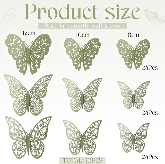 Bememo 72 Pieces 3D Butterfly Wall Decals Sticker Decal Wall Decor Art Decorative Sticker 3 Sizes for Room Offices Bedroom Bathroom Living Room Decor(Sage Green)