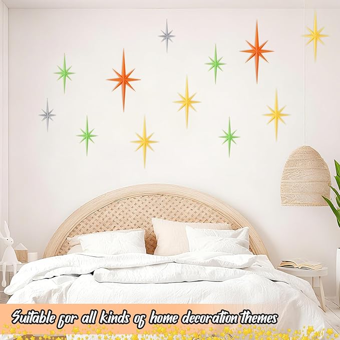 Mid Century Modern Wall Deco,6 Pcs 3D Retro Starburst Art Wall Sculpture, 8 Pointed Atomic Stars Whimsigoth Home Decor Vintage Wall Decor