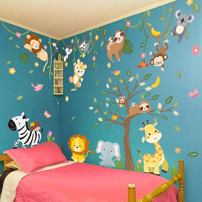Large Jungle Animals Tree Wall Decals Safari Animals Climbing Trees Wall Stickers Elephant Giraffe Lion Sloth Wall Stickers for Baby Nursery Kids Room Playroom Classroom 90.94" x 62.59"