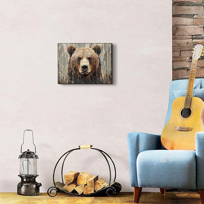 Rustic Bear Pictures Wall Decor Bear Wall Art Farmhouse Animal Decor for Living Room Bedroom Vintage Wildlife Animal Head Canvas Prints Nursery Painting Hunting Cabin Artwork Home Decoration 12x16"