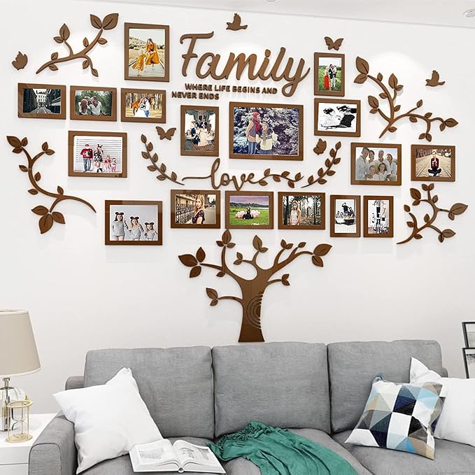 Family Tree Wall Decor - Picture Frames Collage 4x6 5x7 8x10 11x14 3D DIY-Acrylic Photo Frame for Living Room （Brown 57 * 81in）