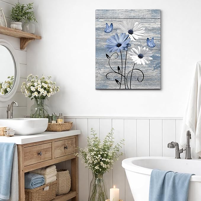 MYUSRE Farmhouse Blue Floral Canvas Wall Art Rustic Wood Daisy Butterfly Framed Wall Art Country Flower Pictures for Living Room Bedroom Bathroom Office Decor Ready to Hang, 16L X 12W Inch
