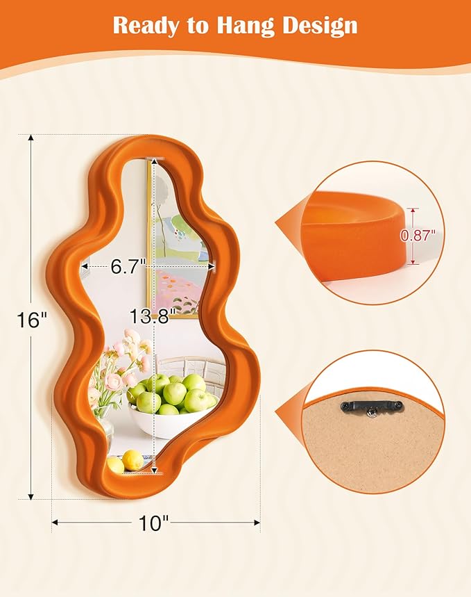 Small Decorative Mirror for Girly Bedroom Dresser Decor, Vivid Abstract Wavy Wall Mirrors for Home Aesthetic Book Coffee Shop Hotel Decoration, Unique Gift for Birthday Thanksgiving (Orange)