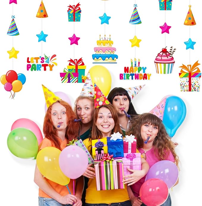 8 Pcs Happy Birthday Party Decorations Let's Party Garland Streamers Colorful Rainbow Birthday Theme Hanging Paper Cutouts Banner for Wall Backdrop Classroom Door Ceiling Decorations Supplies