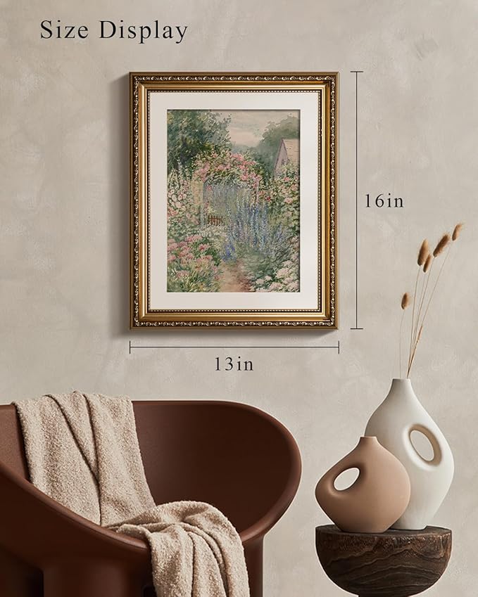 VIYYIEA Gold Framed Impressionist Garden Painting Wall Art, Watercolor Floral Landscape Art for Classic Wall Decor | Elegant Aesthetic, Glass-Free Glare-Proof Design, Lightweight Canvas | 13x16 Inch