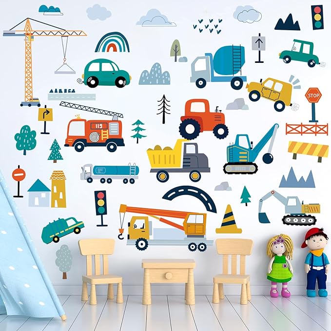 Construction Vehicles Wall Decals, 10 Sheets Truck Tractor Excavator Crane Vinyl Wall Stickers Peel and Stick Construction Stickers for Boys Bedroom Playroom Wall Art Decorations