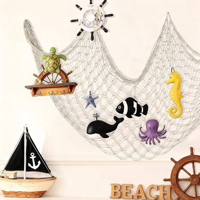 Decorative Fishing Net 3 Pack, 5x10 ft Large Beige Fish Net Decor for Wall, Photo Display, Nautical Mermaid Pirate Ocean Themed Beach Hawaii Under the Sea Party Decorations