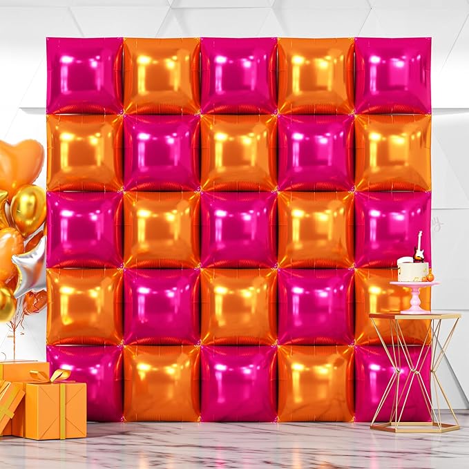 NISOCY 25PCS Rose Red and Orange Square Foil Balloons Wall Backdrop Double Sided Hot Pink Orange Balloons Arch Kit for Birthday Baby Shower Valentine's Day Wedding Tropical Party Decorations