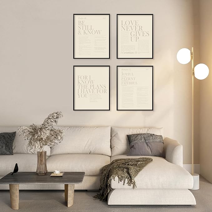 Locomiss Beige Christian Wall Art Decor, Modern Bible Verse Prints, Minimalist Jesus Scripture Wall Decor, Inspirational Bible Posters for Bedroom Office Living Room, Set of 4 (8x10 Unframed)