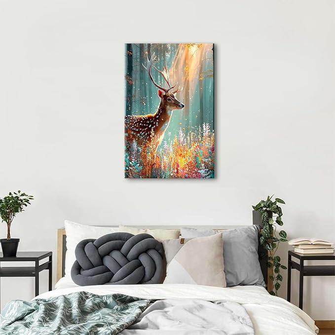 Deer Wall Art Fall Forest Wall Decor Nature Autumn Landscape Picture Rustic Wildlife Animal Canvas Prints Farmhouse Elk Painting Colorful Flowers Artwork for Bedroom Living Room Home Decoration 24x36"