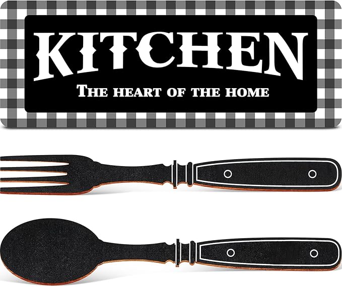 Jetec Kitchen Sign Buffalo Plaid Kitchen Decor Black and White Wall Decor Wooden the Heart of the Home Sign Black and White Checkered Fork and Spoon Vintage Wall Decoration for Farmhouse Restaurant