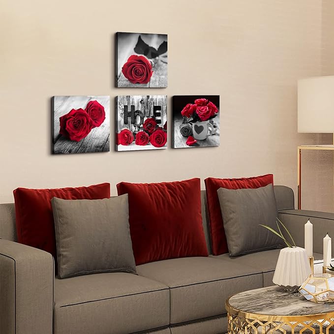 Red Wall Decor for Bedroom Red Bathroom Accessories Black and White Canvas Wall Art Rose Pictures for Living Room Home Decorations Flower Painting Couples Bedroom Kitchen Modern Artwork 12x12"4Pcs/Set