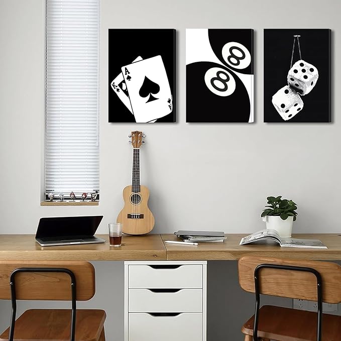 BOKPEN 3Pcs Black and White Poker Dice Canvas Wall Art Lucky You Poster Prints Trendy Funky Preppy Y2K 8 Ball Pictures Artwork Aesthetic Painting for Game Room Apartment Dorm Decor 16x24in canvas