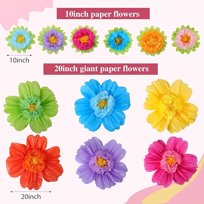 TaoBary Large Colorful Tissue Paper Flowers Giant Fiesta Paper Pom Poms Mexican Birthday Decorations for Wall Wedding Backdrop Centerpiece Party Supplies(20" and 10",Rainbow Color,24 Pcs)
