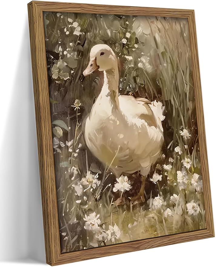 Framed Goose Wall Art, Rustic Vintage Floral Animal Oil Painting, Retro Farmhouse Country Pictures Artwork, Cottagecore Canvas Prints Wall Decor for Living Room Bedroom Farm – 12x16 inch