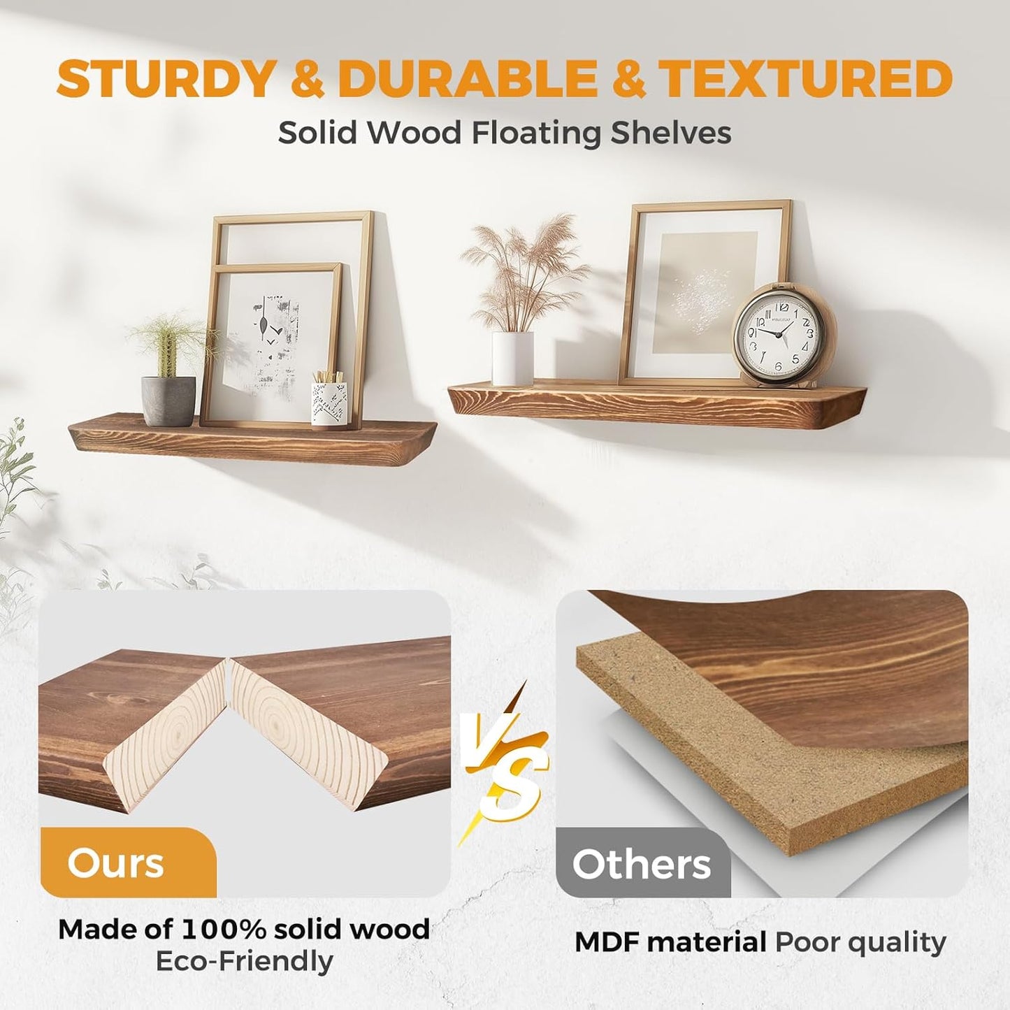16"x6.8"x1.6" Slanted Floating Wall Shelves 2-Pack - Rustic Brown Finish, Heavy-Duty Solid Wood Design with Hidden Brackets - Perfect for Living Room, Kitchen, Bathroom, or Office