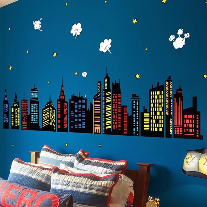 decalmile Colorful City Skyline Wall Decals Hero City Building Stars Wall Stickers Bedroom Playroom Toddler Room Wall Decor