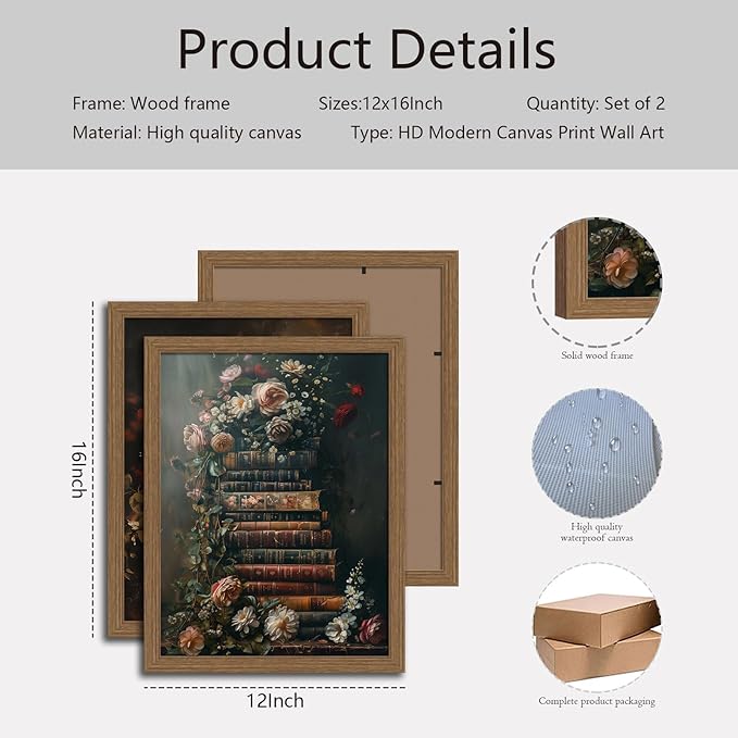 2Pcs framed vintage dark floral wall art Moody Flowers Books elegant stacks of books and blooming flowers canvas paintings home decor art suitable for living room, bedroom and office12X16In