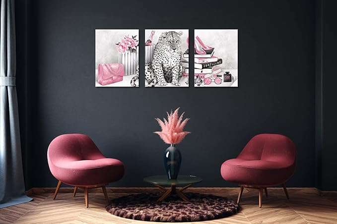 Visual Art Decor Glam Fashion Picture Pink Blush Wall Art Leopard Books High Heel Shoes Perfume Canvas Prints for Modern Home Office Woman Girl Makeup Bedroom Wall Decoration Creative Design Gift
