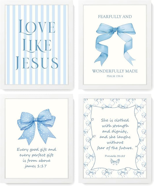 LARTSFRO Coquette Blue Bow Jesus Wall Art Decor Posters, Light Blue Bow Room Bedroom Bathroom Dorm Wall Art Decor Aesthetic for College Teen Girls Gifts, Inspirational Bible Verses Bow Wall Decor, 10x8 Inch Set of 4 Bow Pictures (WHITE FRAMED)