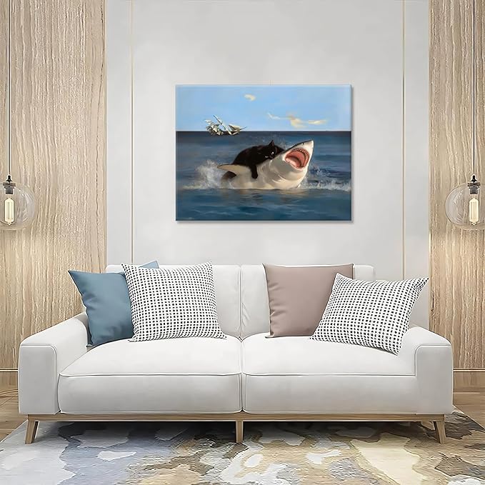 Yaneiro Framed Black Cat Bathroom Wall Art, Funny Quirky Cat and Shark Pictures Canvas Print, Abstract Black Cat Shark Posters Wall Decor for Room Bedroom Living Room Bathroom 12x16 in