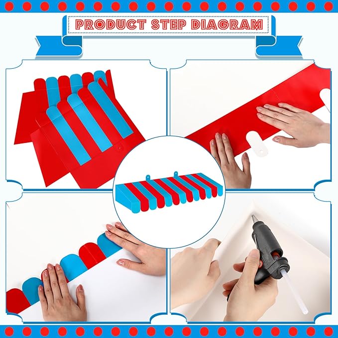 Boao 4 Pack Circus Awning Decoration 3D Stripe Cardboard Awning Carnival Wall Decor Circus Party Favors for Lemonade Stand Bakery Ice Cream Truck Bulletin Board Decor(Red and Blue)