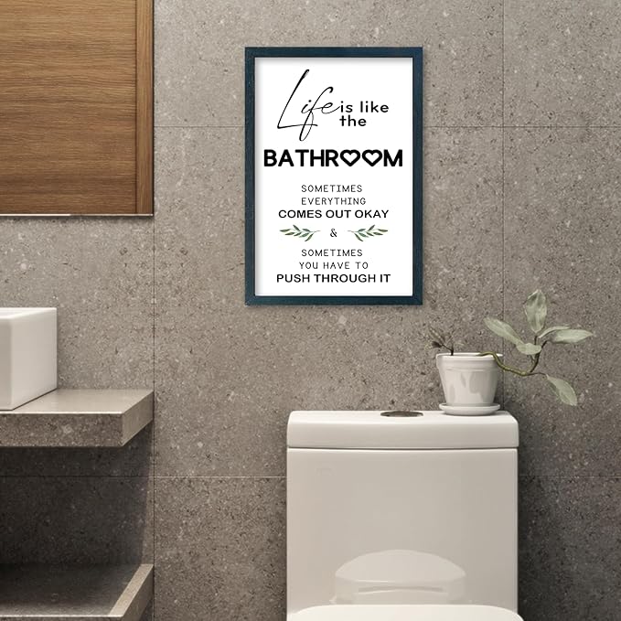 YWJKWLGS Funny Bathroom Decor Sign, Life is Like The Bathroom Wall Art with Wood Frame, 11x16 Inch, Farmhouse Bathroom Quote for Restroom Toilet (Black)