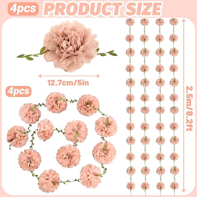 4 Pcs Dusty Pink Flower Garland for Bridal Shower Decorations, Baby Shower Decorations for Girls, Pom Pom Garland, Paper Flowers Party Decorations for Birthday