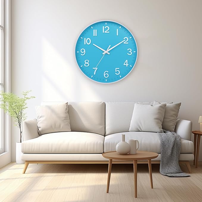 HZDHCLH Wall Clock 3D Numbers Wall ClockBattery-Powered 12-inch Silent Non-Tick Modern Wall Clock for Living Room, Bedroom, Kitchen, and Office Decoration (Blue and White)