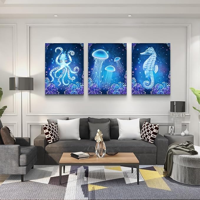 DZRWUBHS Wall Art For Living Room Bedroom Large Wall Decor Blue Ocean Life Theme Art Prints Wall Artworks Sea Animal Sea Horse Octopus Jellyfish Pictures Bathroom Modern Home Decor Painting Posters