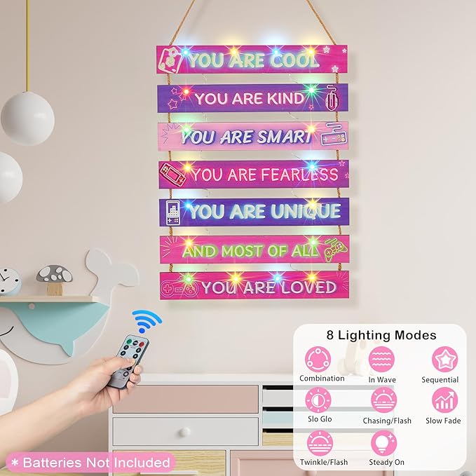 FIOBEE Girls Room Décor for Teen Girls Boys with LED Light Wall Decor for Bedroom Motivational Inspirational Wall Art Girl Room Decoration for Kids Studyroom, 8 Kinds of Lights, Purple Game