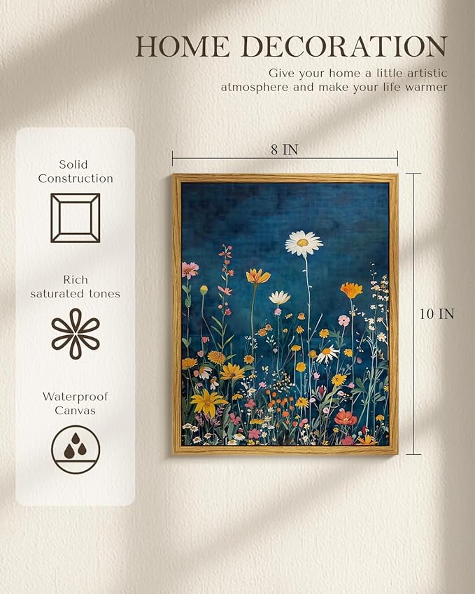 WHASAYART Botanical Floral Canvas Print 8x10 Framed Wildflower Wall Art, Rustic Dark Blue Colorful Flower Artwork, Vibrant Vintage Painting Living Room Kitchen Bedroom Hallway Home Decor