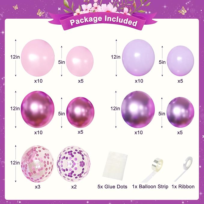 Purple Pink Birthday Decorations, Metallic Magenta Purple Lavender Balloons Confetti Foil Balloons Happy birthday Banner Butterfly Fringe Curtains Birthday Decorations for Women Teens Girls