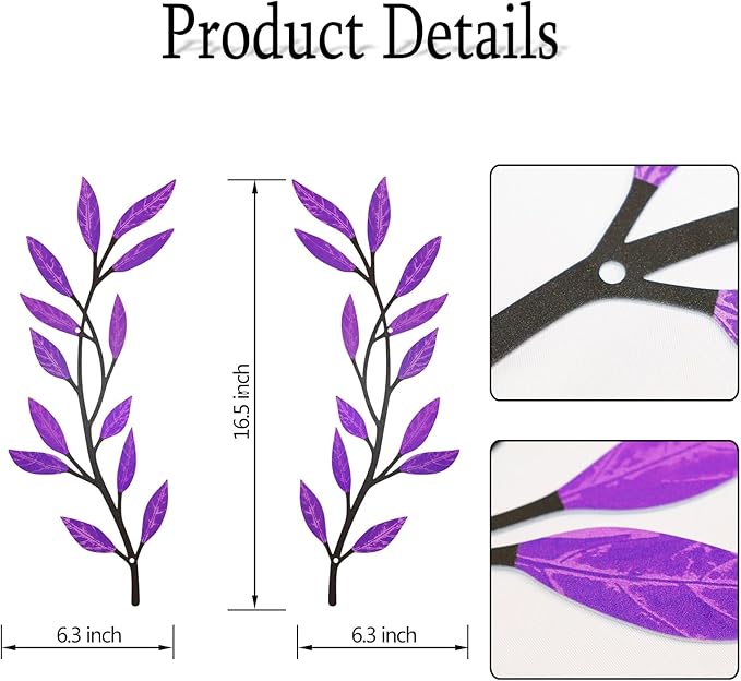 AHYS Metal Tree Leaf Wall Decor 2 PCS Rustic Vine Branch Leaf Wall Art for Living Room Bedroom Bathroom Decorations - Purple