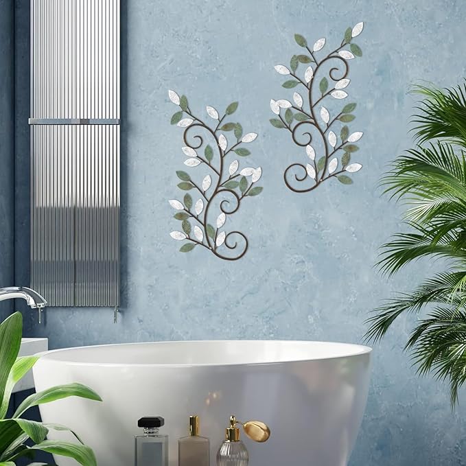 ESTART 2 Pieces Metal Tree Leaf Wall Decor Vine Olive Branch Leaf Wall Art Ornament Wall Hanging Sign for above Door, Living Room, Bathroom, Office, Indoor and Outdoor Decoration (White Green Colors)