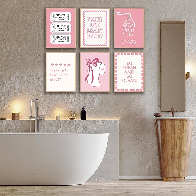 XBQZFLHT Coquette Pink Bathroom Wall Art Funny Shower Karaoke and Toilet Paper Bow Prints Wall Decor Cute Preppy Aesthetic Decor for Girls Washroom Dorm Restroom (8x10in Posters Unframed)