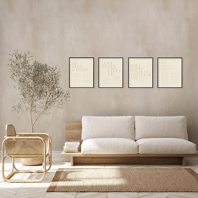 Locomiss Beige Christian Wall Art Decor, Modern Bible Verse Prints, Minimalist Jesus Scripture Wall Decor, Inspirational Bible Posters for Bedroom Office Living Room, Set of 4 (8x10 Unframed)